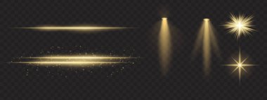 Altın ışık efektleri ayarlandı. Parlak çizgiler, ışıltılar, spot ışıkları, parlak yıldız patlamaları, sıcak aydınlatma, dekoratif parçacıklar, aydınlatma, soyut modern ışıklandırma.