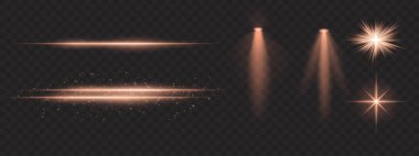 Altın ışık efektleri ayarlandı. Parlak çizgiler, ışıltılar, spot ışıkları, parlak yıldız patlamaları, sıcak aydınlatma, dekoratif parçacıklar, aydınlatma, soyut modern ışıklandırma.