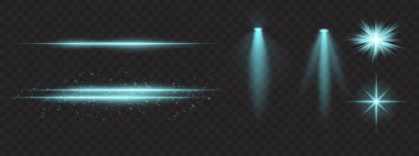 Mavi ışık efektleri ayarlandı. Parlak çizgiler, ışıltılar, spot ışıkları, parlak yıldız patlamaları, sıcak aydınlatma, dekoratif parçacıklar, aydınlatma, soyut modern ışıklandırma.
