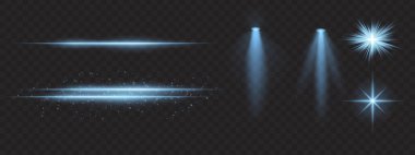 Mavi ışık efektleri ayarlandı. Parlak çizgiler, ışıltılar, spot ışıkları, parlak yıldız patlamaları, sıcak aydınlatma, dekoratif parçacıklar, aydınlatma, soyut modern ışıklandırma.