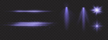 Mor ışık efektleri ayarlandı. Parlak çizgiler, ışıltılar, spot ışıkları, parlak yıldız patlamaları, sıcak aydınlatma, dekoratif parçacıklar, aydınlatma, soyut modern ışıklandırma.