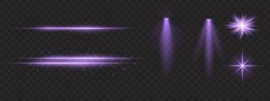 Mor ışık efektleri ayarlandı. Parlak çizgiler, ışıltılar, spot ışıkları, parlak yıldız patlamaları, sıcak aydınlatma, dekoratif parçacıklar, aydınlatma, soyut modern ışıklandırma.