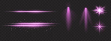Mor ışık efektleri ayarlandı. Parlak çizgiler, ışıltılar, spot ışıkları, parlak yıldız patlamaları, sıcak aydınlatma, dekoratif parçacıklar, aydınlatma, soyut modern ışıklandırma.