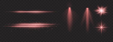 Kırmızı ışık ayarlandı. Parlak çizgiler, ışıltılar, spot ışıkları, parlak yıldız patlamaları, sıcak aydınlatma, dekoratif parçacıklar, aydınlatma, soyut modern ışıklandırma.