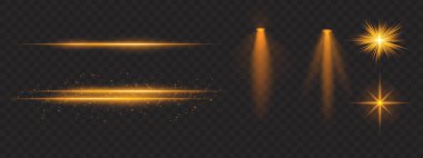 Altın ışık efektleri ayarlandı. Parlak çizgiler, ışıltılar, spot ışıkları, parlak yıldız patlamaları, sıcak aydınlatma, dekoratif parçacıklar, aydınlatma, soyut modern ışıklandırma.