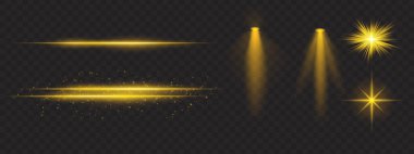 Altın ışık efektleri ayarlandı. Parlak çizgiler, ışıltılar, spot ışıkları, parlak yıldız patlamaları, sıcak aydınlatma, dekoratif parçacıklar, aydınlatma, soyut modern ışıklandırma.