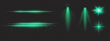 Yeşil ışık efektleri ayarlandı. Parlak çizgiler, ışıltılar, spot ışıkları, parlak yıldız patlamaları, sıcak aydınlatma, dekoratif parçacıklar, aydınlatma, soyut modern ışıklandırma.