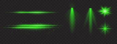 Yeşil ışık efektleri ayarlandı. Parlak çizgiler, ışıltılar, spot ışıkları, parlak yıldız patlamaları, sıcak aydınlatma, dekoratif parçacıklar, aydınlatma, soyut modern ışıklandırma.