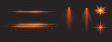 Altın ışık efektleri ayarlandı. Parlak çizgiler, ışıltılar, spot ışıkları, parlak yıldız patlamaları, sıcak aydınlatma, dekoratif parçacıklar, aydınlatma, soyut modern ışıklandırma.