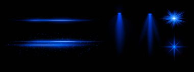 Mavi ışık efektleri ayarlandı. Parlak çizgiler, ışıltılar, spot ışıkları, parlak yıldız patlamaları, parlak mavi aydınlatma, dekoratif parçacıklar, fütüristik tasarım, soyut aydınlatma.
