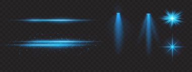 Mavi ışık efektleri ayarlandı. Parlak çizgiler, ışıltılar, spot ışıkları, parlak yıldız patlamaları, sıcak aydınlatma, dekoratif parçacıklar, aydınlatma, soyut modern ışıklandırma.