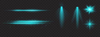 Mavi ışık efektleri ayarlandı. Parlak çizgiler, ışıltılar, spot ışıkları, parlak yıldız patlamaları, sıcak aydınlatma, dekoratif parçacıklar, aydınlatma, soyut modern ışıklandırma.