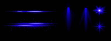 Mavi ışık efektleri ayarlandı. Parlak çizgiler, ışıltılar, spot ışıkları, parlak yıldız patlamaları, parlak mavi aydınlatma, dekoratif parçacıklar, fütüristik tasarım, soyut aydınlatma.