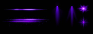 Mor ışık efektleri ayarlandı. Parlak çizgiler, ışıltılar, spot ışıkları, parlak yıldız patlamaları, parlak mavi aydınlatma, dekoratif parçacıklar, fütüristik tasarım, soyut aydınlatma.