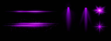Mor ışık efektleri ayarlandı. Parlak çizgiler, ışıltılar, spot ışıkları, parlak yıldız patlamaları, parlak mavi aydınlatma, dekoratif parçacıklar, fütüristik tasarım, soyut aydınlatma.