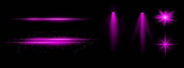 Mor ışık efektleri ayarlandı. Parlak çizgiler, ışıltılar, spot ışıkları, parlak yıldız patlamaları, parlak mavi aydınlatma, dekoratif parçacıklar, fütüristik tasarım, soyut aydınlatma.