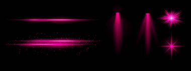 Mor ışık efektleri ayarlandı. Parlak çizgiler, ışıltılar, spot ışıkları, parlak yıldız patlamaları, parlak mavi aydınlatma, dekoratif parçacıklar, fütüristik tasarım, soyut aydınlatma.