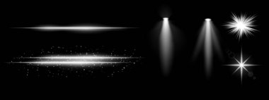 Beyaz ışık efektleri ayarlandı. Parlak çizgiler, ışıltılar, spot ışıkları, parlak yıldız patlamaları, parlak mavi aydınlatma, dekoratif parçacıklar, fütüristik tasarım, soyut aydınlatma.