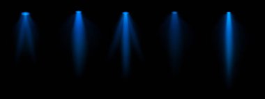 Mavi spot ışığı ayarlandı. Çoklu odaklı kirişler, tavana monte edilmiş ışıklandırma, parlak beyaz parıltı, sahne aydınlatma, modern ışıklandırma tasarımı, minimalist dekor, profesyonel dekor