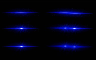 Mavi parıltı efektleri ayarlandı. Parlak ışık çizgileri, parlak parçacıklar, parlak yıldız patlamaları, sıcak aydınlatma, soyut aydınlatma tasarımı, dekoratif enerji ışınları, canlı modern görseller.
