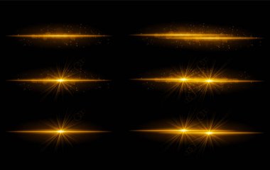 Altın parıltı efektleri ayarlandı. Parlak ışık çizgileri, parlak parçacıklar, parlak yıldız patlamaları, sıcak aydınlatma, soyut aydınlatma tasarımı, dekoratif enerji ışınları, canlı modern görseller.