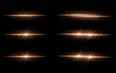 Altın parıltı efektleri ayarlandı. Parlak ışık çizgileri, parlak parçacıklar, parlak yıldız patlamaları, sıcak aydınlatma, soyut aydınlatma tasarımı, dekoratif enerji ışınları, canlı modern görseller.