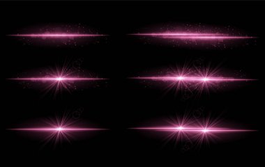 Mor parıltı efektleri ayarlandı. Parlak ışık çizgileri, parlak parçacıklar, parlak yıldız patlamaları, sıcak aydınlatma, soyut aydınlatma tasarımı, dekoratif enerji ışınları, canlı modern görseller.