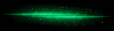 Yeşil parlak çizgi ışını. Parlak parçacıklara sahip yatay ışık demeti, parlak altın parıltı, soyut aydınlatma, dekoratif ışıklandırma, sıcak ve canlı tasarım