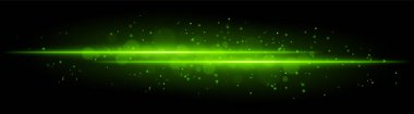 Yeşil parlak çizgi ışını. Parlak parçacıklara sahip yatay ışık demeti, parlak altın parıltı, soyut aydınlatma, dekoratif ışıklandırma, sıcak ve canlı tasarım