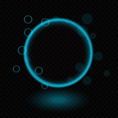 Mavi neon daire. Parlayan ışık halkası, yumuşak aydınlatma efekti, soyut tasarım, baloncuklar, halo, fütürist çerçeve, dijital parıltı, bilim kurgu konsepti, enerji dekorasyonu, modern şekil, ışık yansıması
