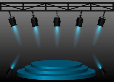 Mavi Sahne ışıkları. Yüksek dairesel platform, siyah sahne ışıkları yayılan kirişler, metal kiriş yapısı, performans ayarları, olay aydınlatma, sunum alanı, tiyatro ekipmanları