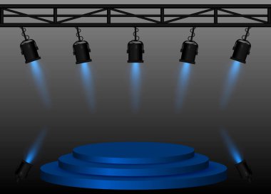 Mavi Sahne ışıkları. Yüksek dairesel platform, siyah sahne ışıkları yayılan kirişler, metal kiriş yapısı, performans ayarları, olay aydınlatma, sunum alanı, tiyatro ekipmanları