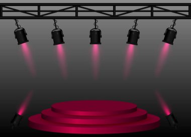 Kırmızı sahne ışıkları. Yüksek dairesel platform, siyah sahne ışıkları yayılan kirişler, metal kiriş yapısı, performans ayarları, olay aydınlatma, sunum alanı, tiyatro ekipmanları