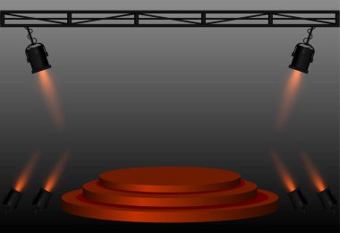 Sahne ışıkları. Yükseltilmiş dairesel platform, açılı siyah sahne ışıkları, metal kirişler, aydınlatma düzeneği, performans sahnesi, olay sunumu, tiyatro ekipmanları, odaklı aydınlatma