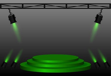 Sahne ışıkları. Yükseltilmiş dairesel platform, açılı siyah sahne ışıkları, metal kirişler, aydınlatma düzeneği, performans sahnesi, olay sunumu, tiyatro ekipmanları, odaklı aydınlatma