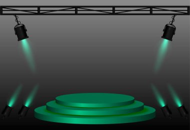 Sahne ışıkları. Yükseltilmiş dairesel platform, açılı siyah sahne ışıkları, metal kirişler, aydınlatma düzeneği, performans sahnesi, olay sunumu, tiyatro ekipmanları, odaklı aydınlatma