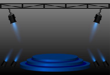 Sahne ışıkları. Yükseltilmiş dairesel platform, açılı siyah sahne ışıkları, metal kirişler, aydınlatma düzeneği, performans sahnesi, olay sunumu, tiyatro ekipmanları, odaklı aydınlatma