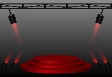 Sahne ışıkları. Yükseltilmiş dairesel platform, açılı siyah sahne ışıkları, metal kirişler, aydınlatma düzeneği, performans sahnesi, olay sunumu, tiyatro ekipmanları, odaklı aydınlatma