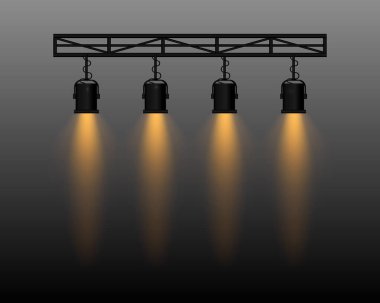 Spot ışığı ayarlandı. Dört sahne ışıkları altın kirişler, kirişlerden sarkıyor. Tiyatro, konser, gösteri ve etkinlikler için profesyonel ışıklandırma ekipmanları. Odaklanmış aydınlatma, performans ayarları.