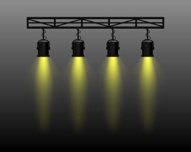 Spot ışığı ayarlandı. Dört sahne ışıkları altın kirişler, kirişlerden sarkıyor. Tiyatro, konser, gösteri ve etkinlikler için profesyonel ışıklandırma ekipmanları. Odaklanmış aydınlatma, performans ayarları.