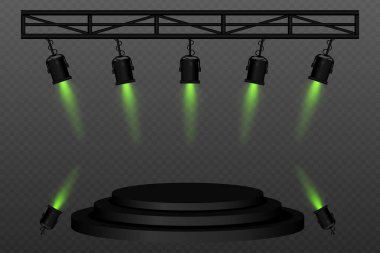 Sahne ışıkları. Siyah sahne sahne ışıkları kirişten sarkıyor ve yere konuyor. Performanslar, etkinlikler, sunumlar ve dramatik ışıklandırma efektleri için ideal