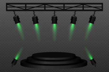 Sahne ışıkları. Siyah sahne sahne ışıkları kirişten sarkıyor ve yere konuyor. Performanslar, etkinlikler, sunumlar ve dramatik ışıklandırma efektleri için ideal