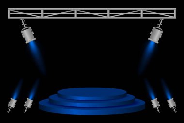 Sahne ışıkları. Mavi podyum, spot ışıkları, aydınlatma ışıkları, metal çerçeve, karanlık zemin, etkinlik hazırlığı, performans platformu, sahne tasarımı, konser kurulumu, tiyatro aydınlatması, sunum alanı
