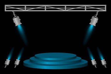 Sahne ışıkları. Mavi podyum, spot ışıkları, aydınlatma ışıkları, metal çerçeve, karanlık zemin, etkinlik hazırlığı, performans platformu, sahne tasarımı, konser kurulumu, tiyatro aydınlatması, sunum alanı