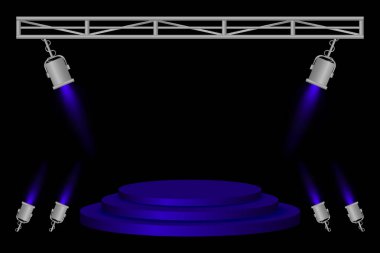 Sahne ışıkları. Mavi podyum, spot ışıkları, aydınlatma ışıkları, metal çerçeve, karanlık zemin, etkinlik hazırlığı, performans platformu, sahne tasarımı, konser kurulumu, tiyatro aydınlatması, sunum alanı