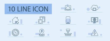 Akıllı ev ve teknoloji seti ikonu. Ev, bulut, laptop, mobil, monitör, tekerlek, ampul, makine, enerji, uyarı