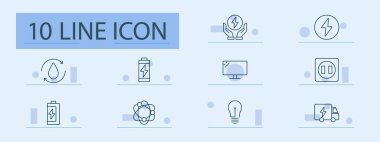 Yenilenebilir enerji ve elektrik ikonu. Pil, damla, geri dönüşüm, güç, soket, dişli, sistem, ulaşım, ampul, verimlilik