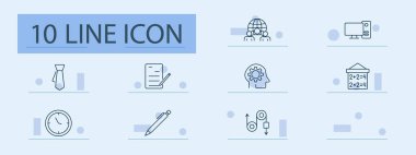 İş yeri verimliliği ve işbirliği simgesi. Takım, bilgisayar, yazma, dişli, öğrenme, saat, zamanlama, analitik, yönetim, raporlama