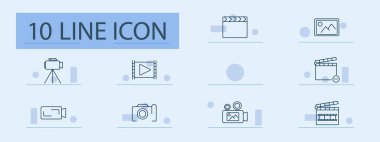 Video prodüksiyon simgesi. Kamera, tripod, klaket, film makarası, video çalar, galeri, kayıt, film araçları, düzenleme, multimedya