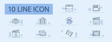 Video prodüksiyon simgesi. Kamera, tripod, klaket, film makarası, video çalar, galeri, kayıt, film araçları, düzenleme, multimedya